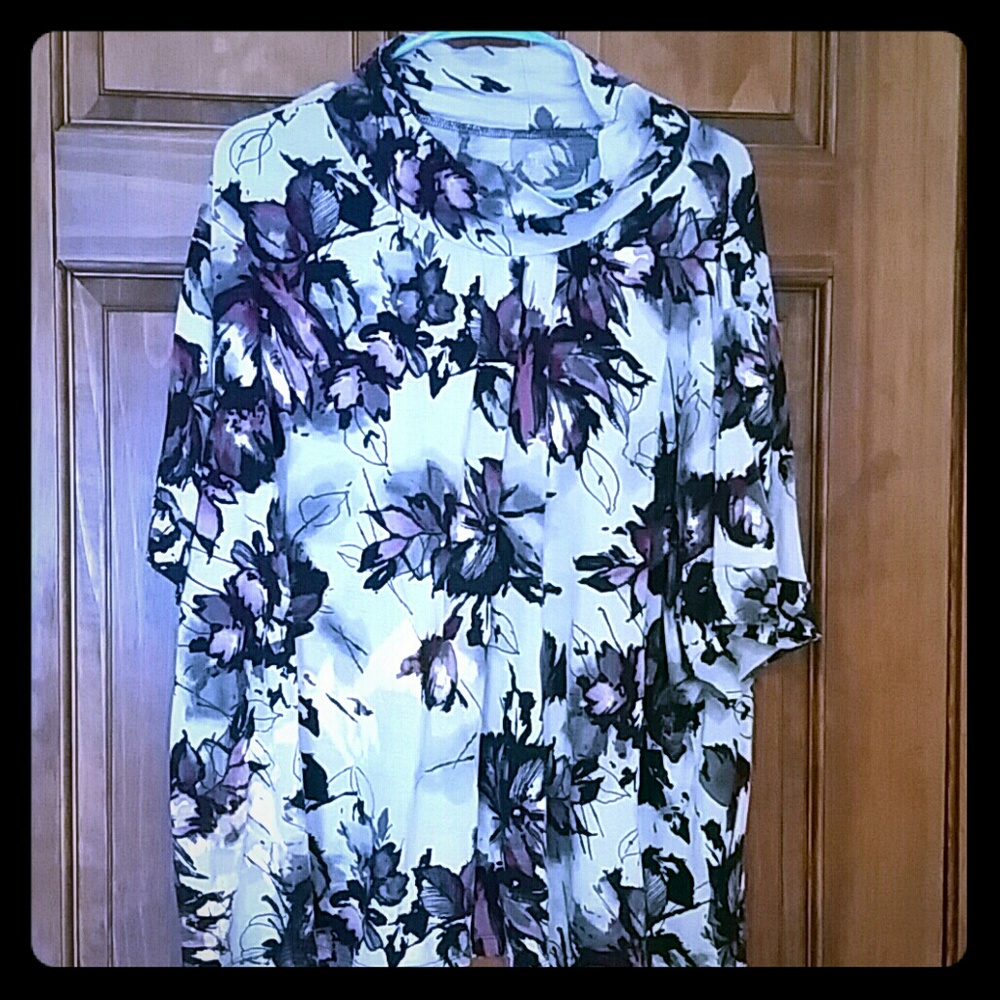 abstract purple floral loose cowl/turtleneck top